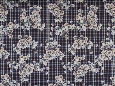 Tkanina Bavlna vzor kostka a květiny