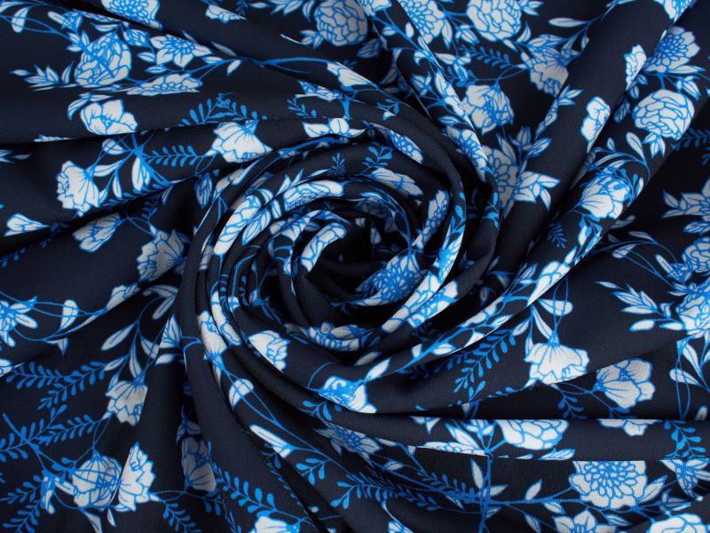 Tkanina Musik auf dem Kleid - Blumen auf Marineblau!