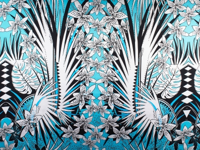 Tessuto di seta firmato - Fiori bianco e neri su sfondo azzurro JustCavalli