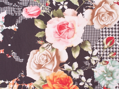 Daniella fabric with houndstooth pattern and roses
