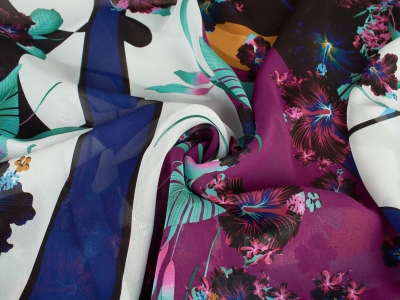 Vi tilbyder høj kvalitet chiffon med geometriske mønstre.
