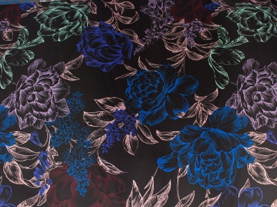 Seide Stoff mit signierten Blumen auf Schwarz