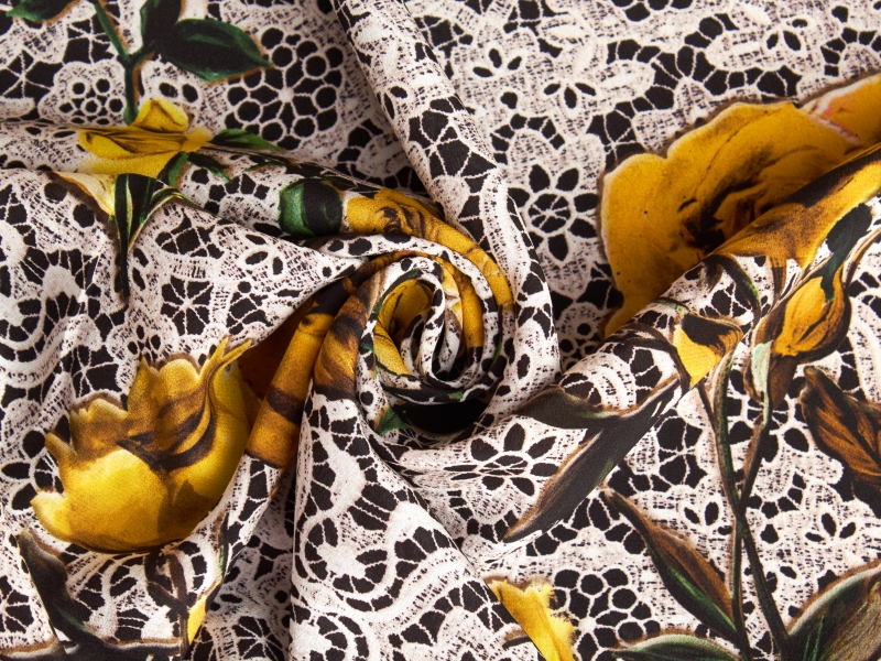Seda firmado - Rosas amarillas en guipur - estilo Dolce&Gabbana
