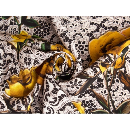 Silk fabric - Yellow roses on guipure - in the style of Dolce&Gabbana