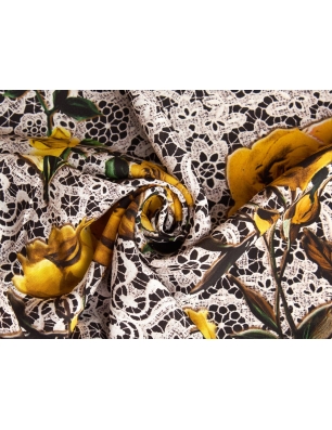 Silk fabric - Yellow roses on guipure - in the style of Dolce&Gabbana