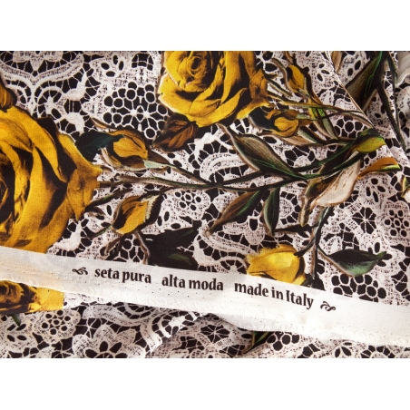 Silk fabric - Yellow roses on guipure - in the style of Dolce&Gabbana