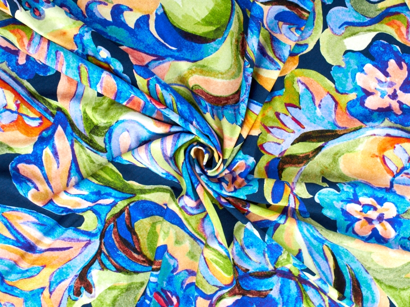 Viskose-Strickstoff - Blau gemalte Blumen