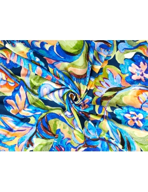 Viscose knit - Flowers painted in blue