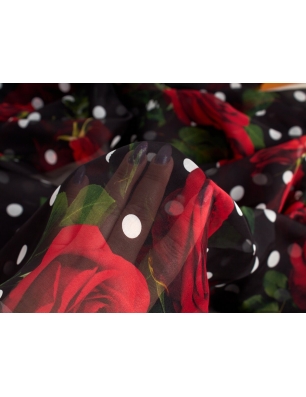 Tkanina Jedwab sygnowany - Róże i groszki - w stylu Dolce&Gabbana - szyfon