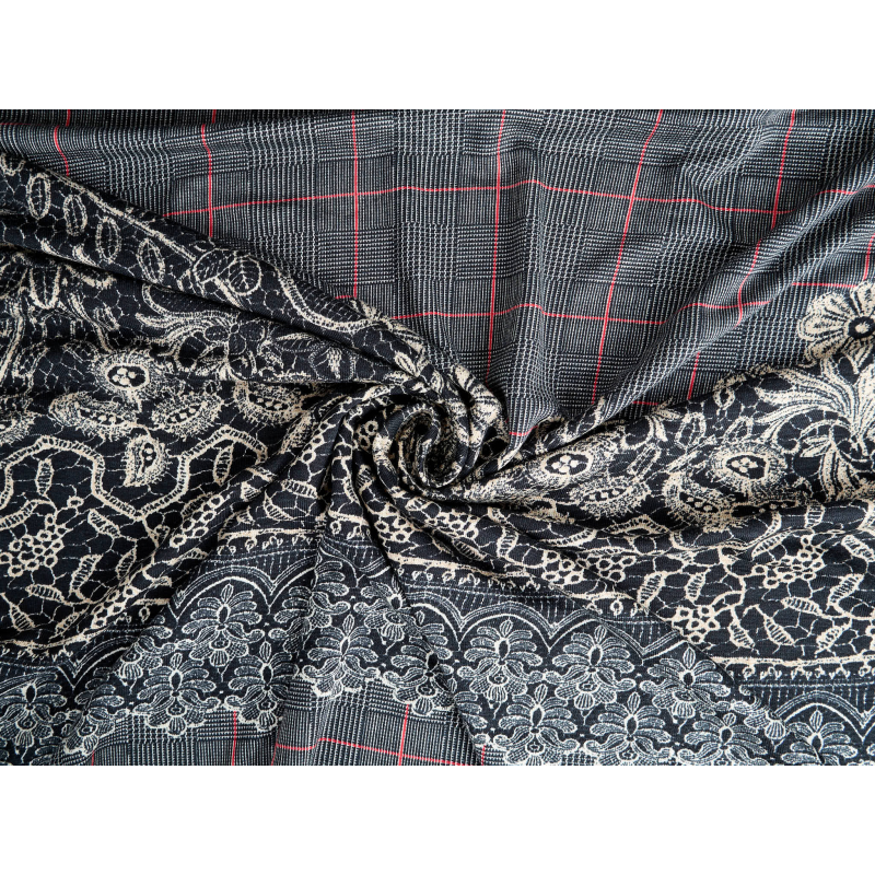 Viscose knit with elastane - check pattern and lace - repeat