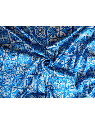 Satin din mătase pentru vară, model albastru - Magazin en-gros Țesături Bemax