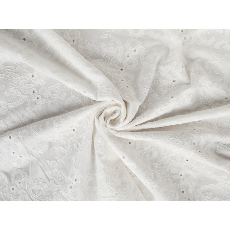 Bumbac brodat alb - motiv vegetal - broderie bogată
