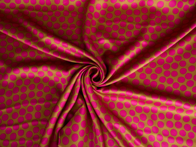 Viscose fabric with a delicate sheen - pink polka dots on a caramel background