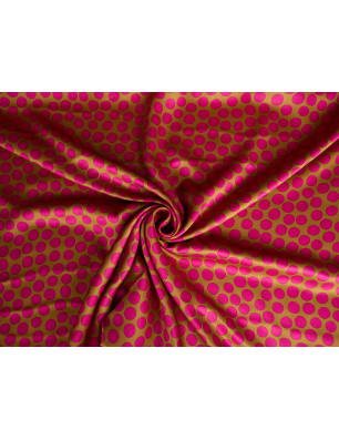 Viscose com ligeiro brilho - bolinhas rosa sobre fundo caramelo