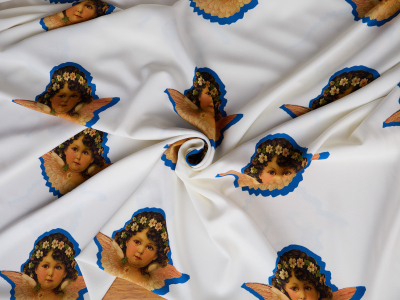 Viscose, material para vestido, branco com anjinhos