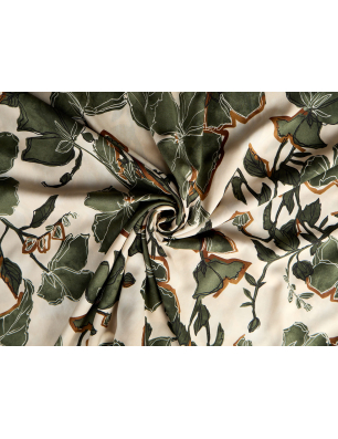 Viscoză material pentru rochie cu model vegetal pe fond deschis