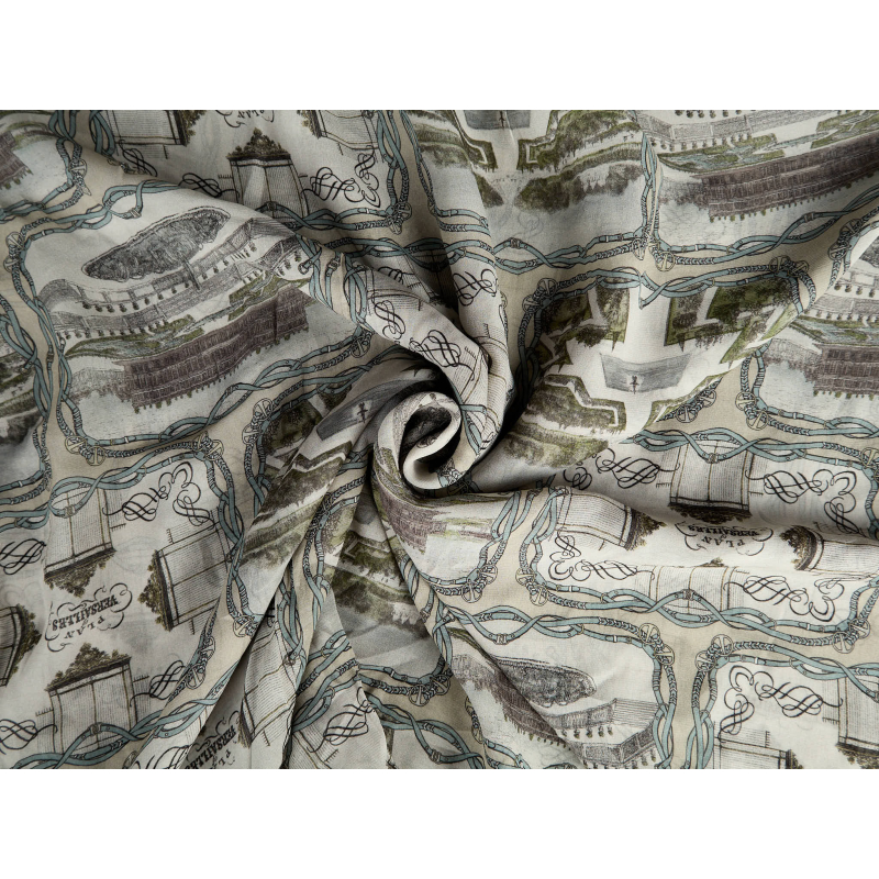 Viscose chiffon with a pastel pattern of French postcards