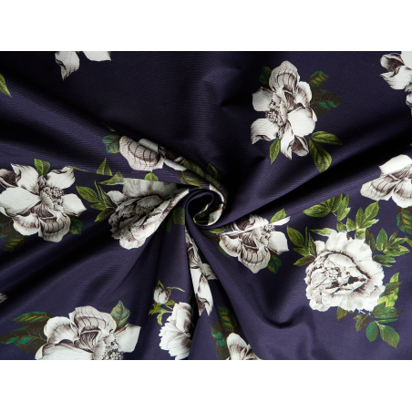 Viscosa tessuto per abito blu navy con rose bianche