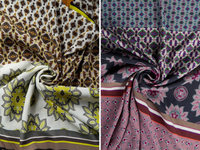 Viskose-Material für ein Kleidchen mit einem Muster im Boho-Stil – Rapport