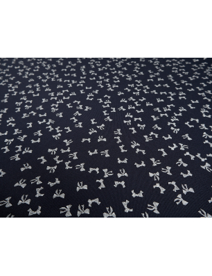 Tecido em viscose sarja para vestido com padrão fino de laçarotes - azul-marinho e rosa