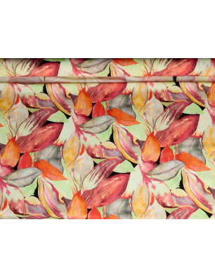 Viscose fabric for a dress in an orange and green floral pattern