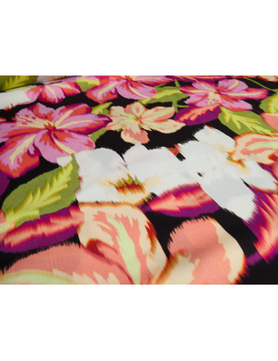 Viscose, matière pour robe, avec un motif floral rouge-orangé