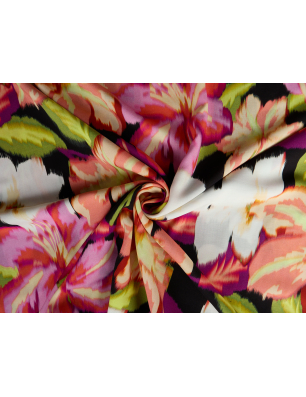 Viscose fabric for a dress in a red-orange floral pattern