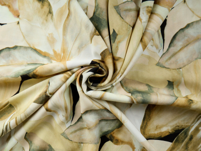 Viscose fabric for a dress with a botanical pattern in beiges