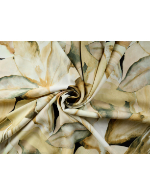 Viscose, tecido para vestido, com padrão vegetal em tons de bege