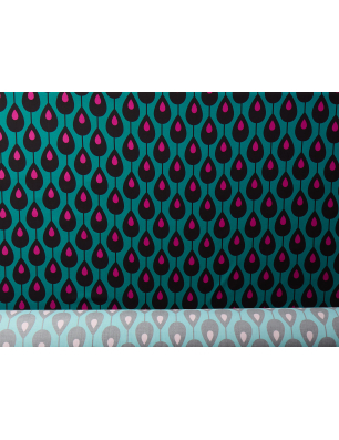 Viscose with elastane twill in a geometric turquoise and pink pattern