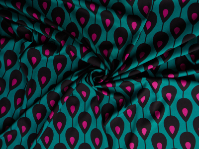 Viscose com elastano em sarja, em padrão geométrico turquesa-rosa