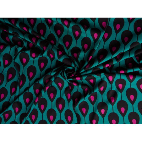 Vâscoză cu elastan, twill, model geometric turcoaz-roz
