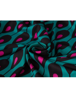 Viscose com elastano em sarja, em padrão geométrico turquesa-rosa