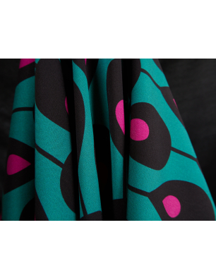 Viscose com elastano em sarja, em padrão geométrico turquesa-rosa