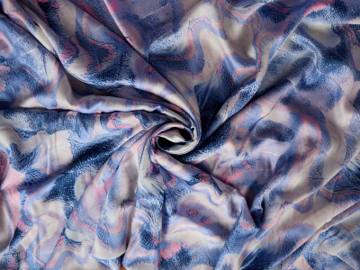 Viscose fabric with a delicate sheen in a blue-pink marbled pattern - Bemax Fabric Wholesaler