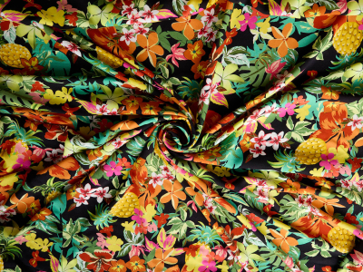 Viscose summer fabric in a colorful tropical pattern - Bemax Fabrics Wholesale