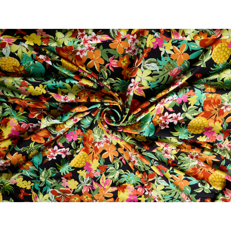 Viscoză, material pentru vară, cu model tropical colorat