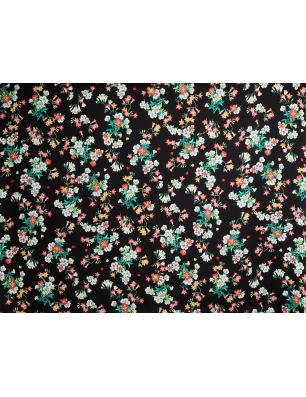 Viscoză material pentru rochie negru cu flori colorate - Distribuitor de țesături Bemax