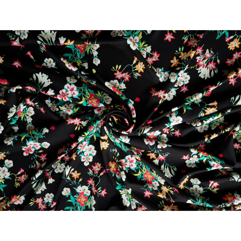 Vâscoză material pentru rochie neagră cu flori colorate