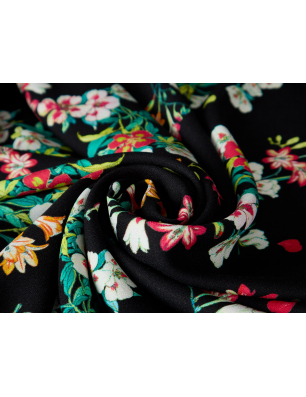 Viscoză material pentru rochie negru cu flori colorate - Distribuitor de țesături Bemax