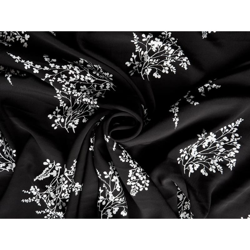 Viscose fabric for a dress, black with white delicate botanical pattern