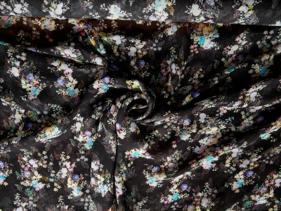 Crêpe chiffon in viscosa per abito nero con delicate composizioni a bouquet - Ingrosso di Tessuti Bemax