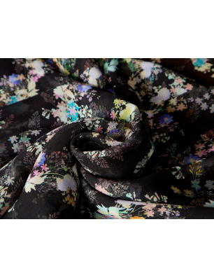 Crepe de viscose (viscose chiffon) para vestido preto, com delicados buquês - Revenda de Tecidos Bemax
