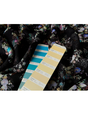 Crêpe de viscose (chiffon) pour robe noir à délicats bouquets - Grossiste en tissus Bemax
