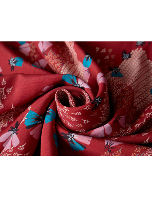 Viskose-Material für ein Kleid, rot mit Blumenmuster - Stoffgroßhandel Bemax