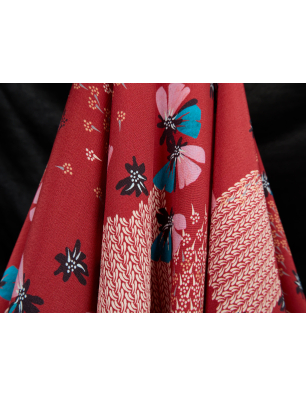 Viscosa materiale per abito rosso con motivo floreale - Ingrosso Tessuti Bemax