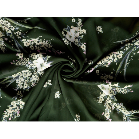 Viscose chiffonsilke til kjole mørkegrøn med blomster - rapport - Tekstilgrossist Bemax
