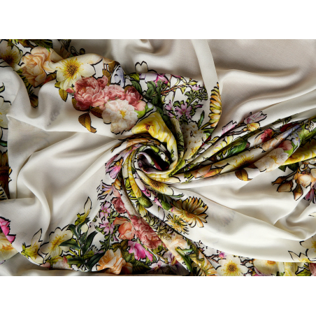 Viscose, matière pour robe, blanche à fleurs multicolores - rapport - Gros de tissus Bemax