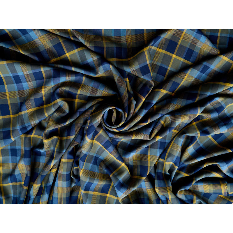 Viscose, material para vestido com xadrez azul-mel