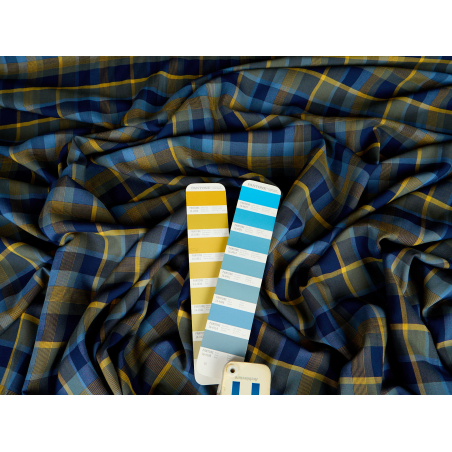 Viscose, material para vestido com xadrez azul-mel